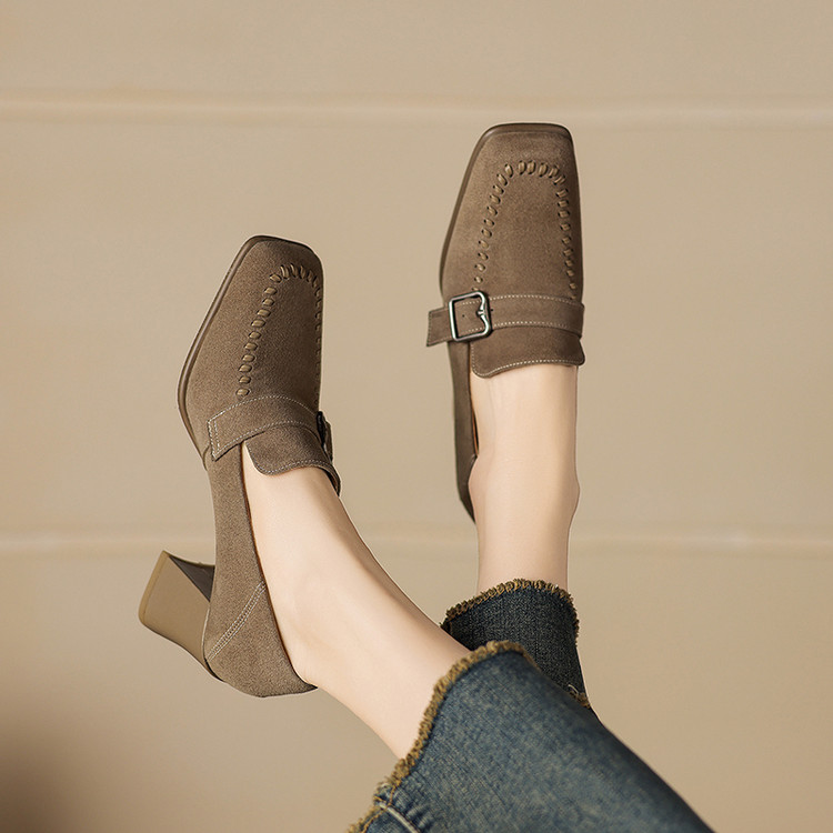 Deep Mouth High Heel Pumps with Square Toe and Buckle