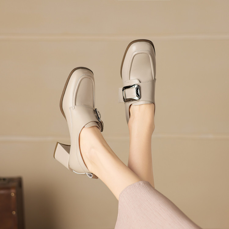 Deep Mouth High Heel Shoes with Square Toe and Buckle Strap