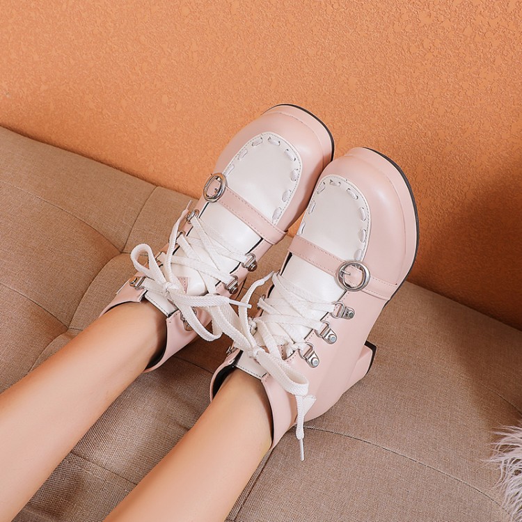 Lolita Style Ankle Boots with Bow and Color Block Design
