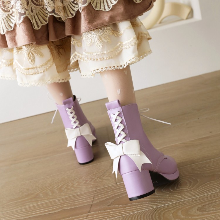 Sweet Winter Ankle Boots with Bow and Floral Patchwork