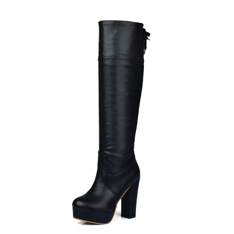 Women’s Faux Leather Riding Boots with Chunky High Heel and Platform