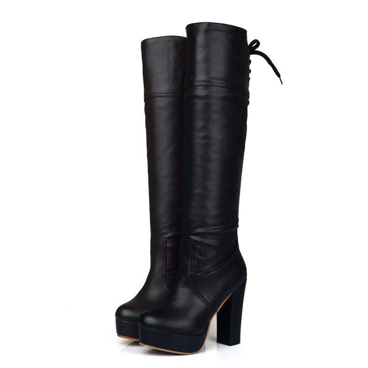 Women's Faux Leather Riding Boots with Chunky High Heel and Platform - Image 3