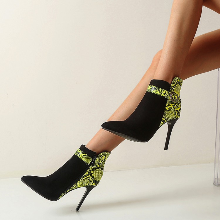 Women’s High Heel Ankle Boots with Color Block and Metal Buckle Accents