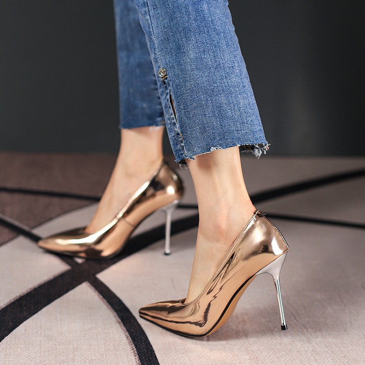 Women's High Heel Pointed Toe Slip-On Pumps - Gold Silver - Image 2