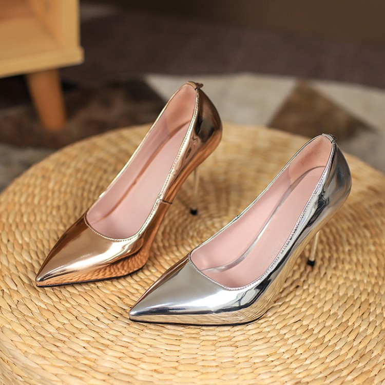 Women's High Heel Pointed Toe Slip-On Pumps - Gold Silver - Image 3