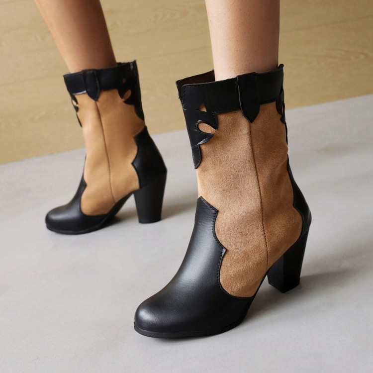 Women’s Retro Mixed Material Mid Calf Boots with Chunky Mid Heel