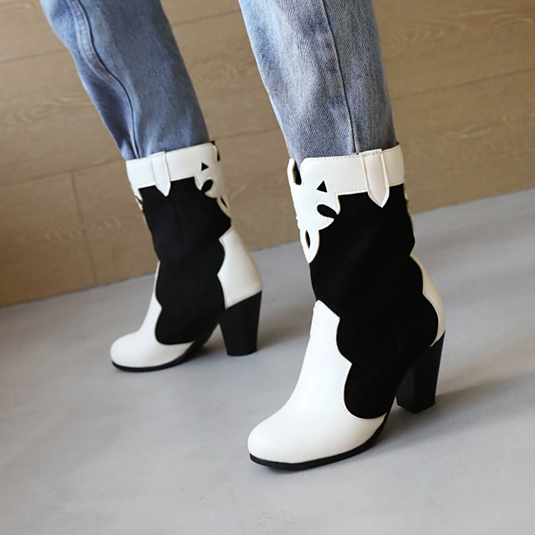 Women's Retro Mixed Material Mid Calf Boots with Chunky Mid Heel - Image 2