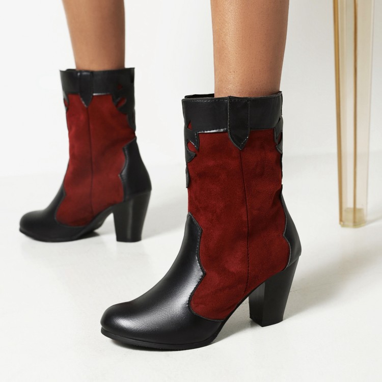 Women's Retro Mixed Material Mid Calf Boots with Chunky Mid Heel - Image 3